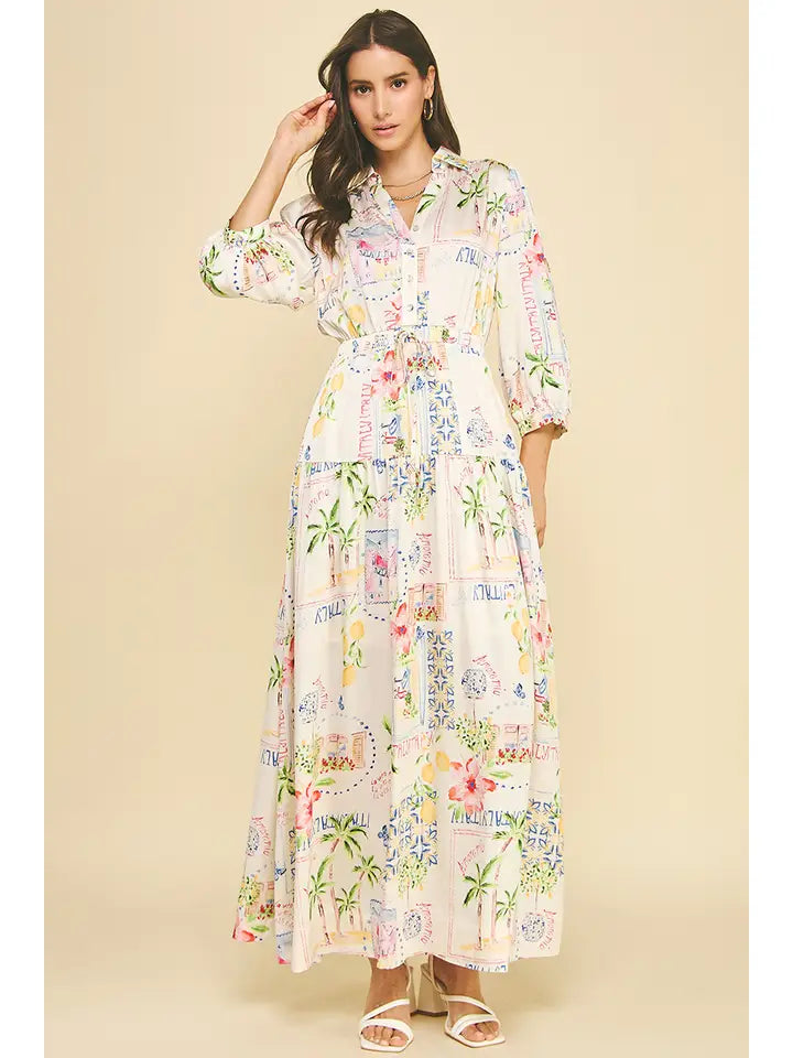 Print Button Down Maxi Dress - Cream Multi