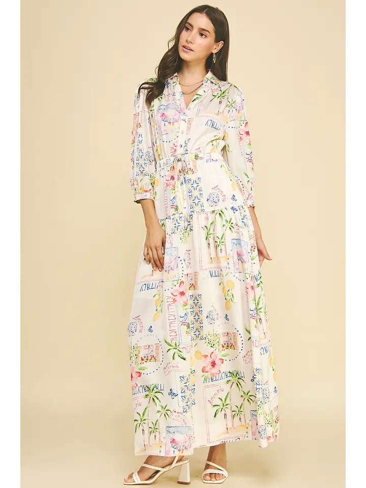 Print Button Down Maxi Dress - Cream Multi