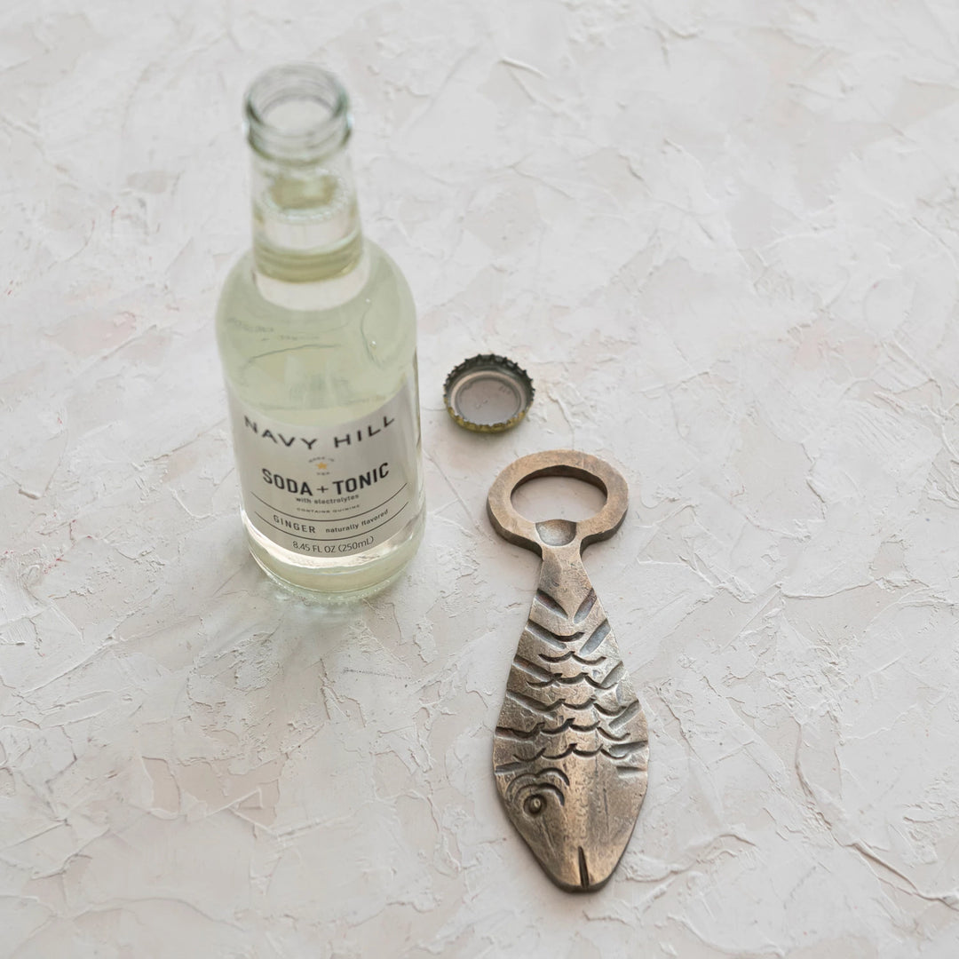 Cast Metal Fish Bottle Opener, Antique Brass Finish