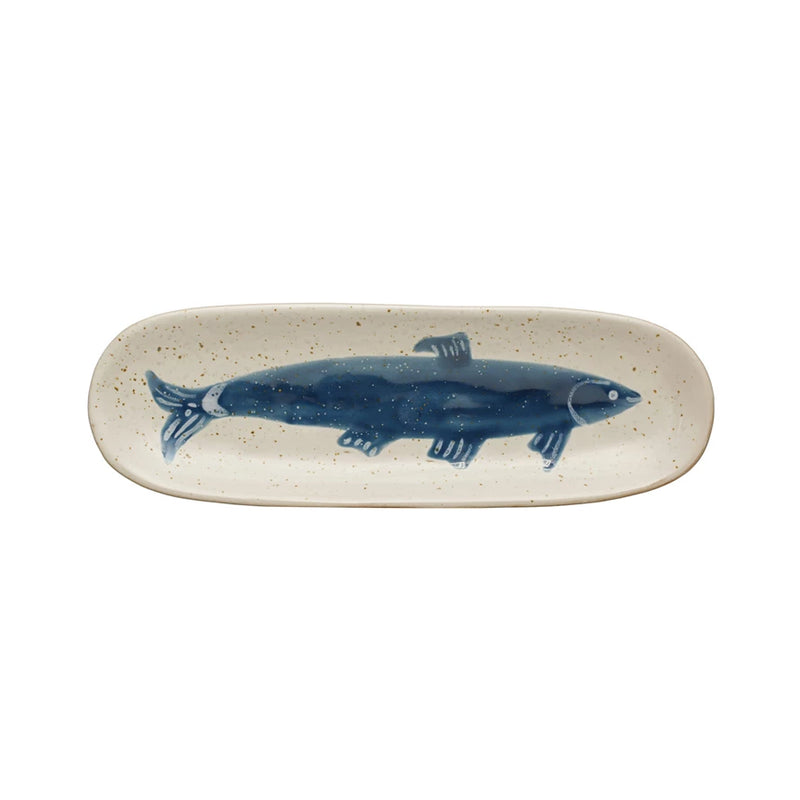 Hand-Painted Stoneware Dish w/ Fish, Reactive Glaze, Antique White & Blue (Each One Will Vary)