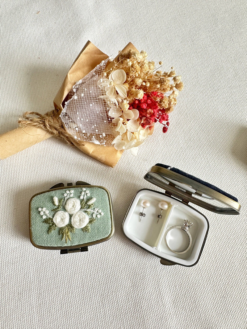 Floral Embroidered Rectangle Mini Jewelry Box (or Pill Box) With Mirror