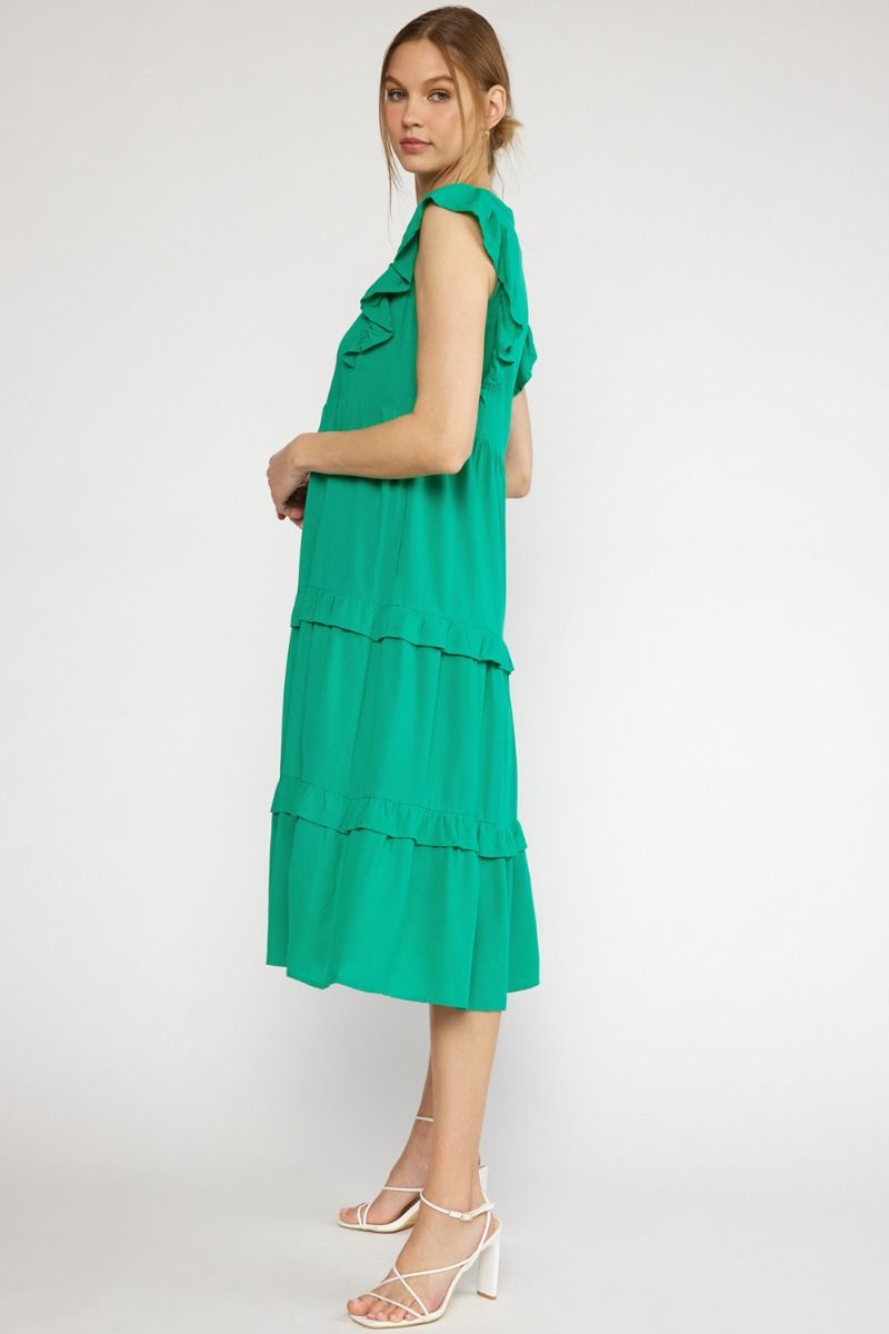 Tiered Midi Dress with Ruffled Sleeve - Green