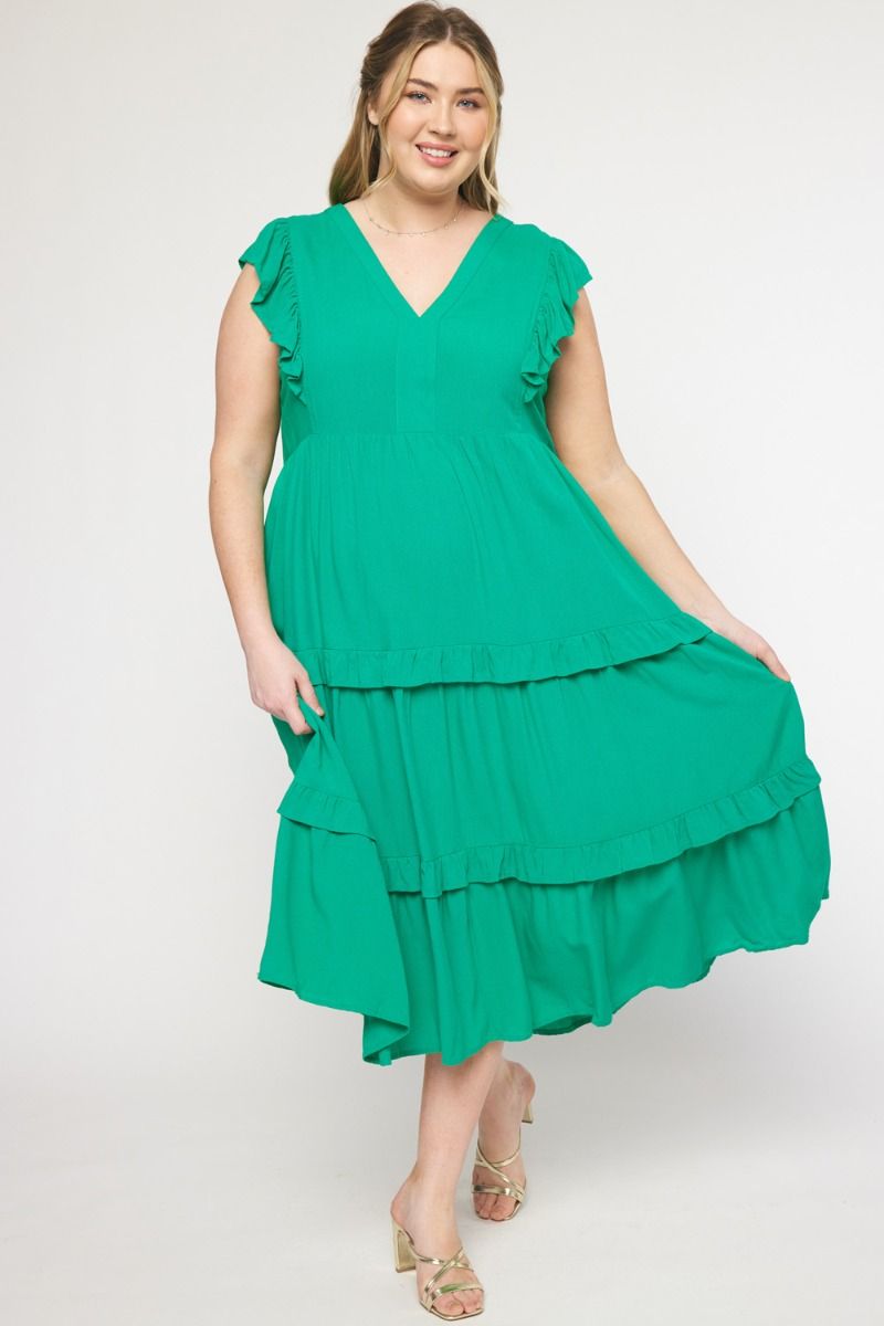 Tiered Midi Dress with Ruffled Sleeve Green - Curvy