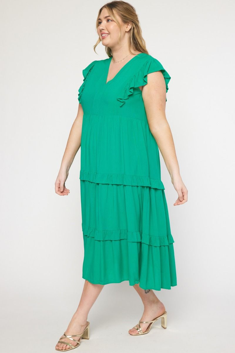 Tiered Midi Dress with Ruffled Sleeve Green - Curvy