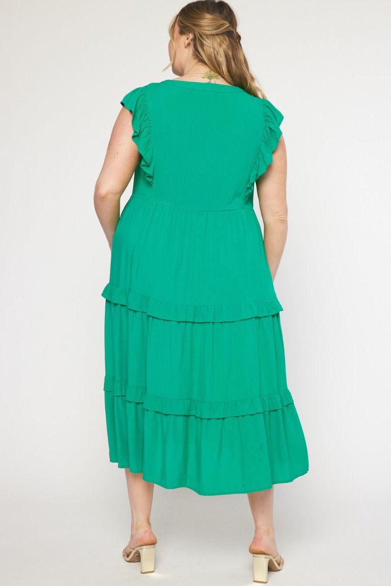 Tiered Midi Dress with Ruffled Sleeve Green - Curvy