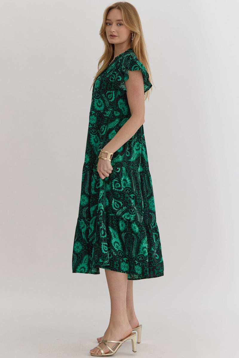 Printed Ruffle Sleeved Midi Dress - Green