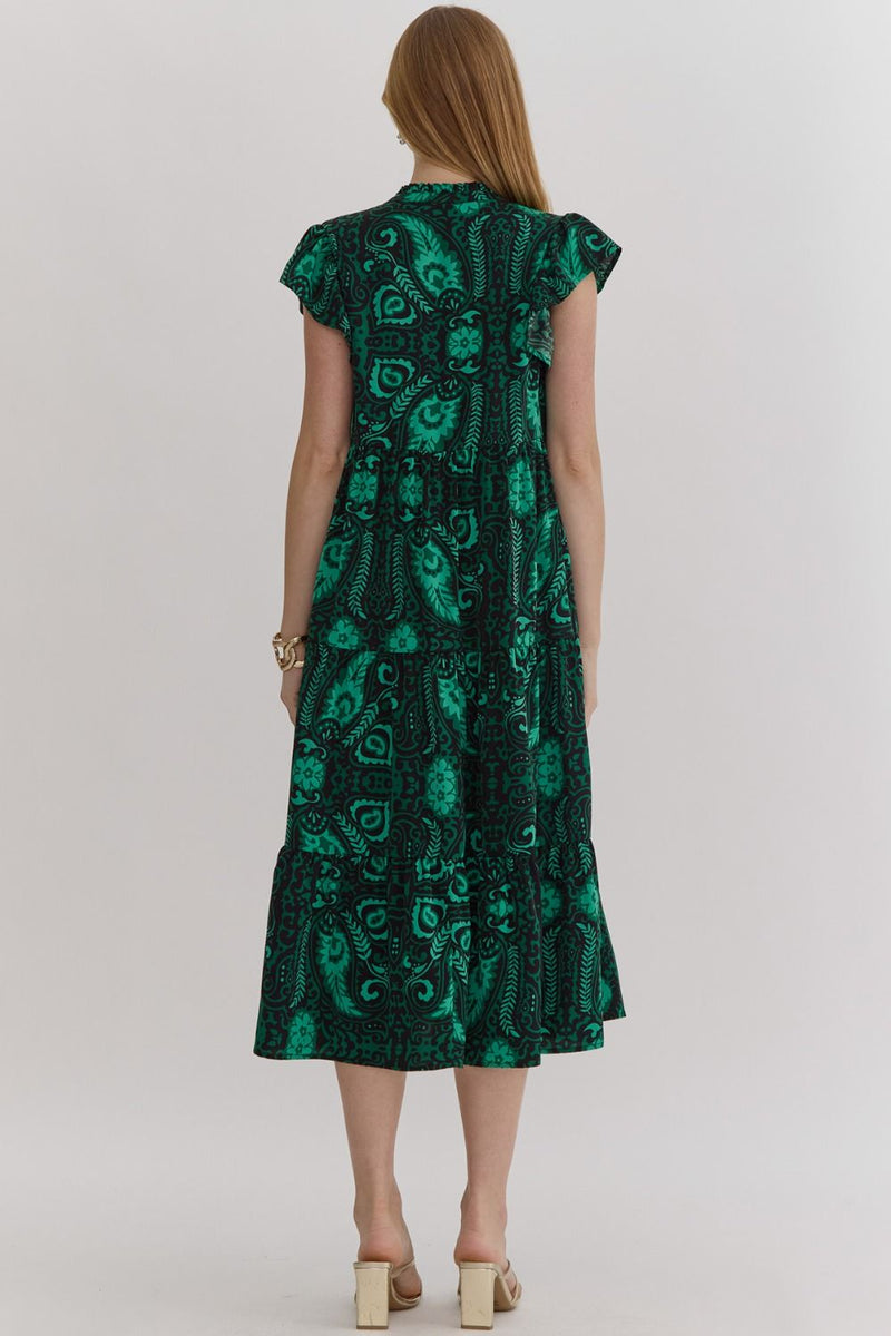 Printed Ruffle Sleeved Midi Dress - Green