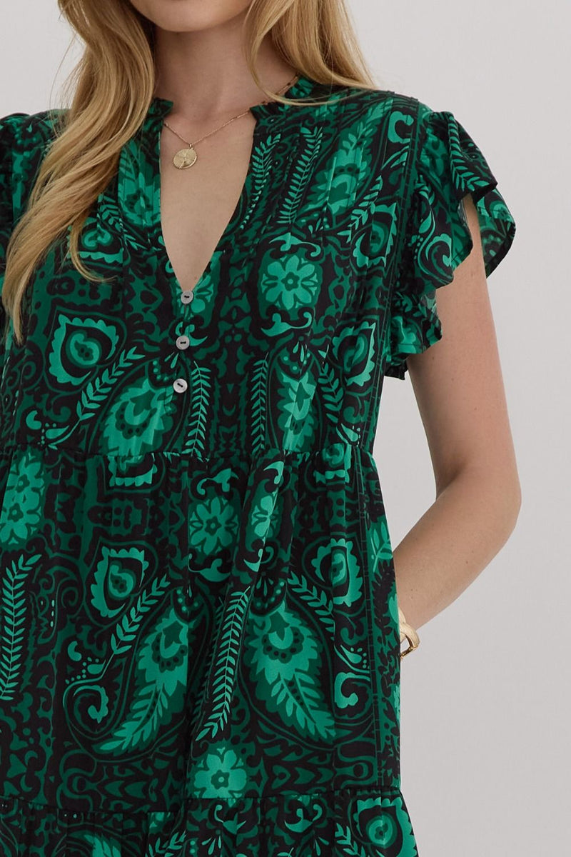 Printed Ruffle Sleeved Midi Dress - Green