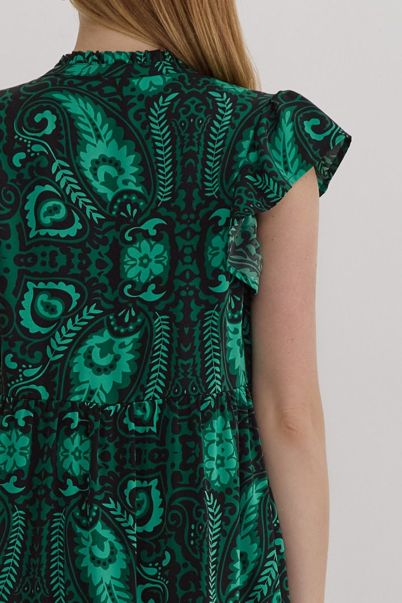 Printed Ruffle Sleeved Midi Dress - Green