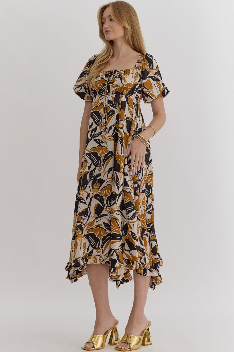 Leaf Print Bubble Sleeve Midi Dress - Black