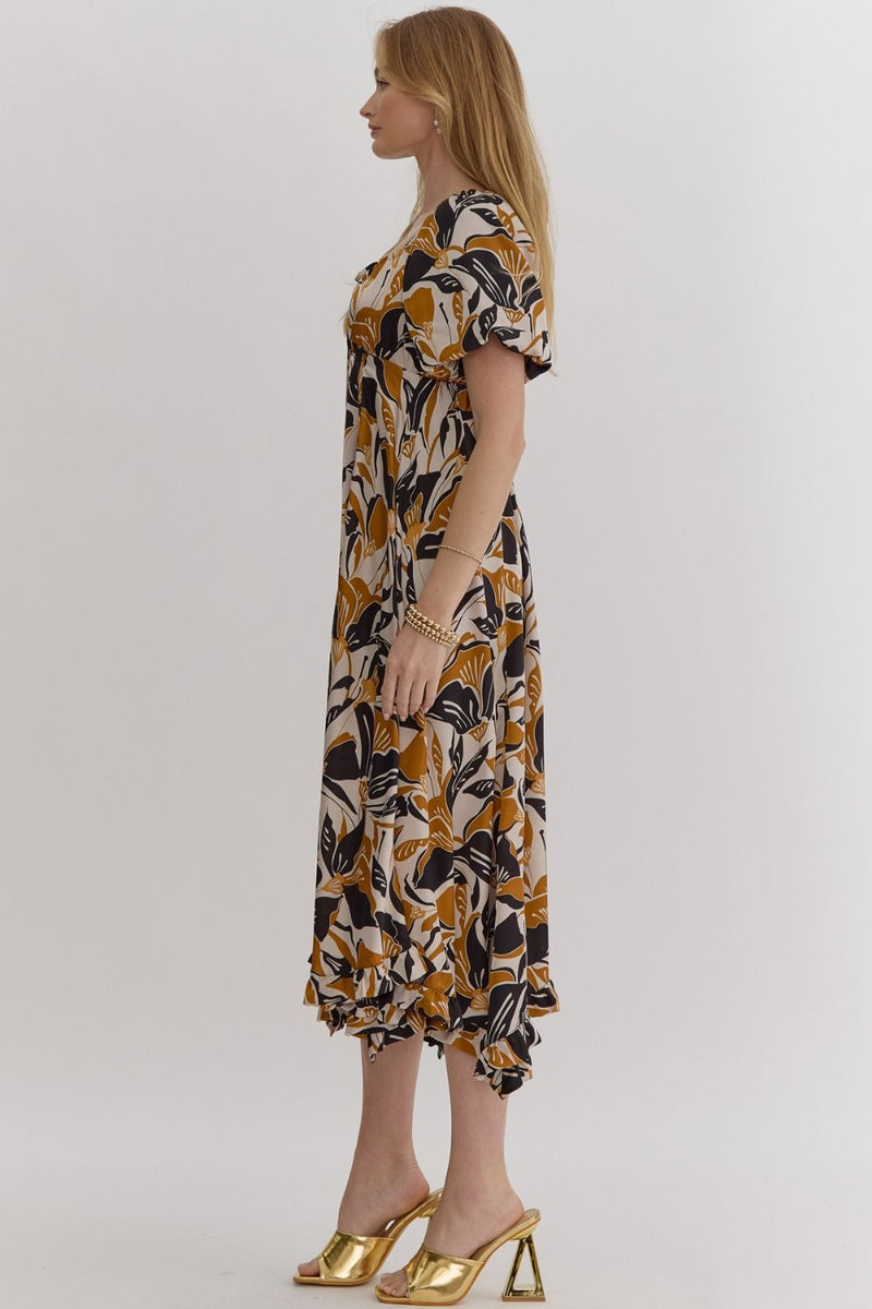 Leaf Print Bubble Sleeve Midi Dress - Black