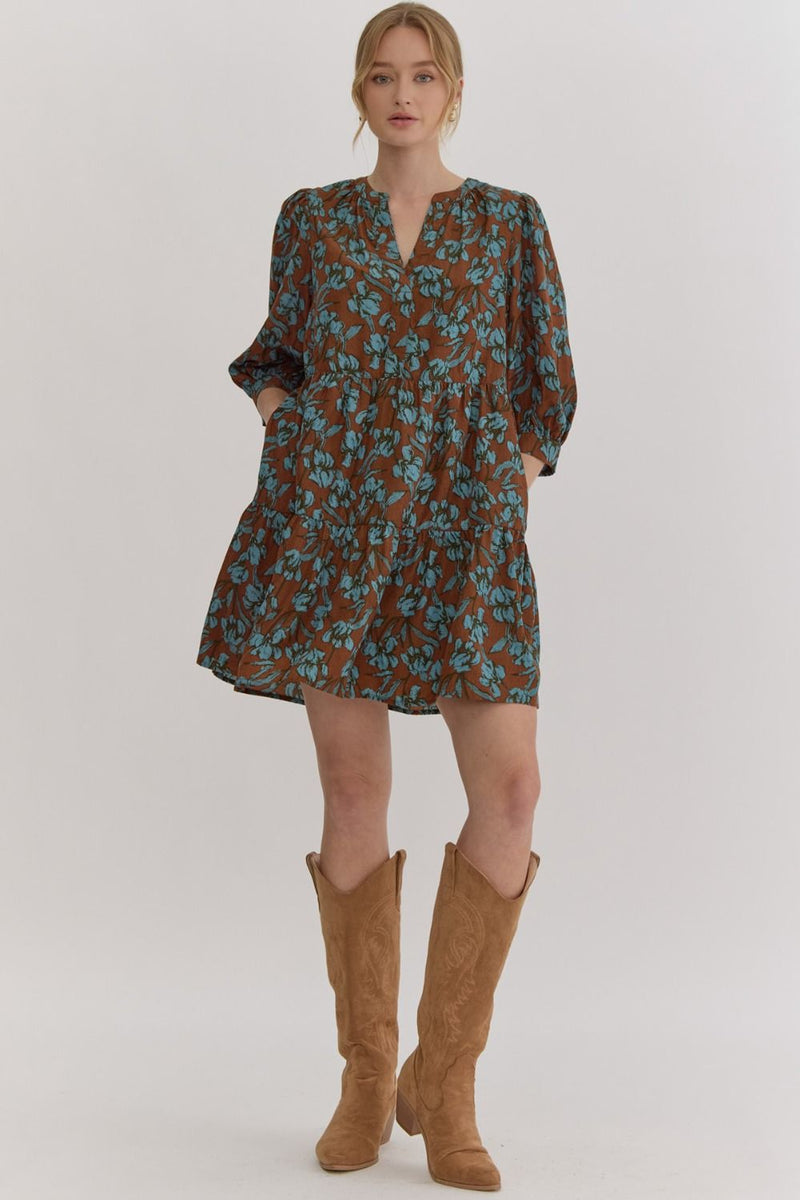 Floral Print Half Sleeve Mini Dress - Brown