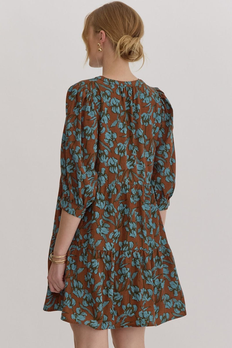 Floral Print Half Sleeve Mini Dress - Brown