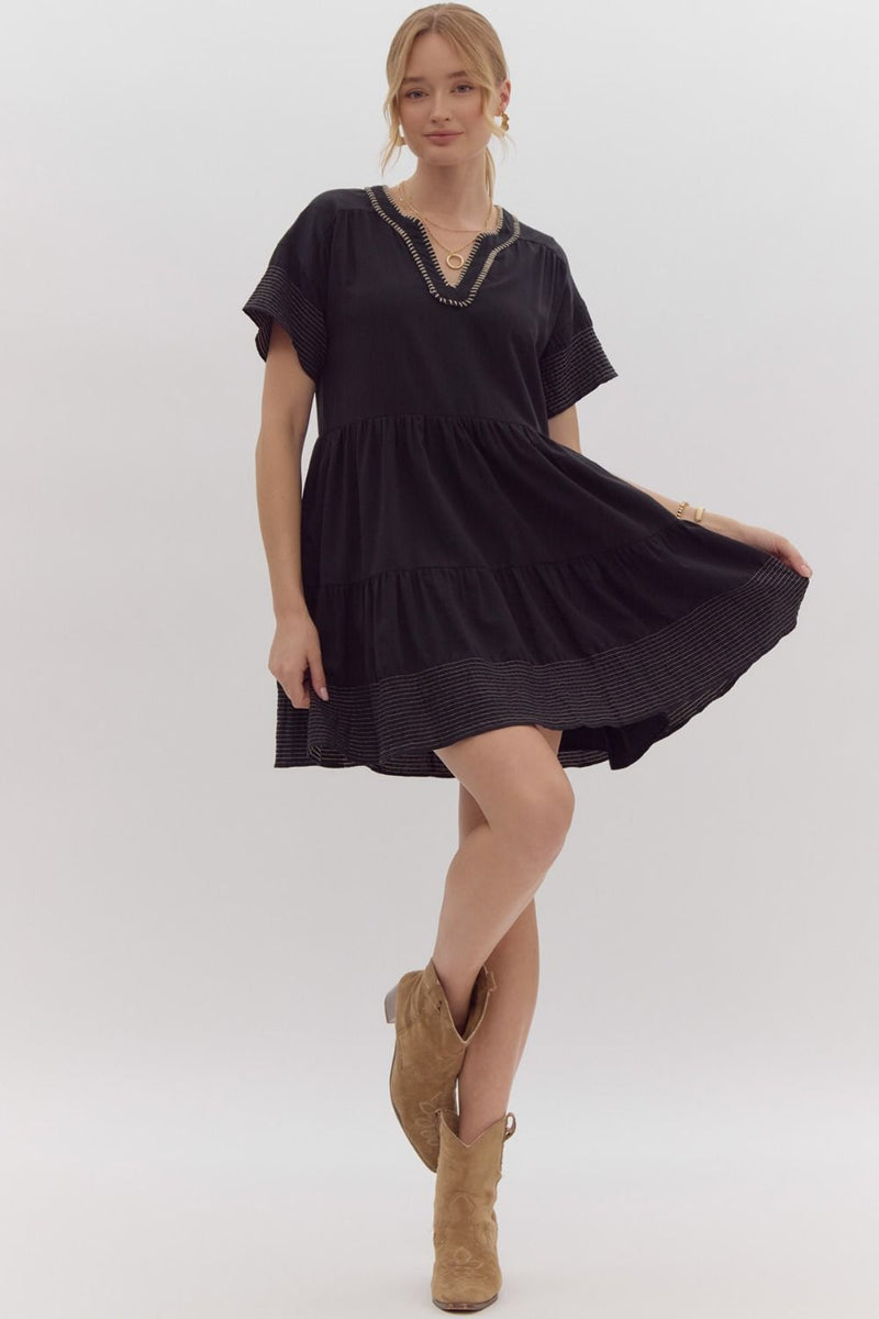 Tiered Short Sleeve V-Neck Dress - Black