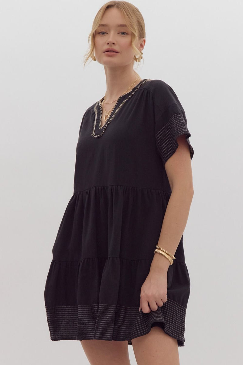 Tiered Short Sleeve V-Neck Dress - Black