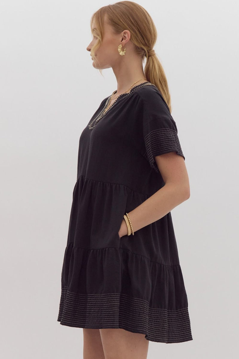 Tiered Short Sleeve V-Neck Dress - Black