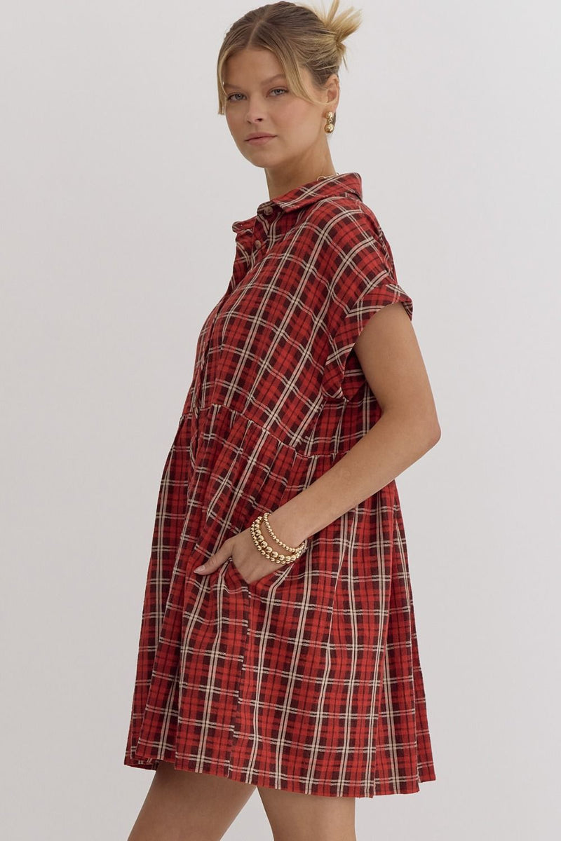 Plaid Button Down Mini Dress - Red