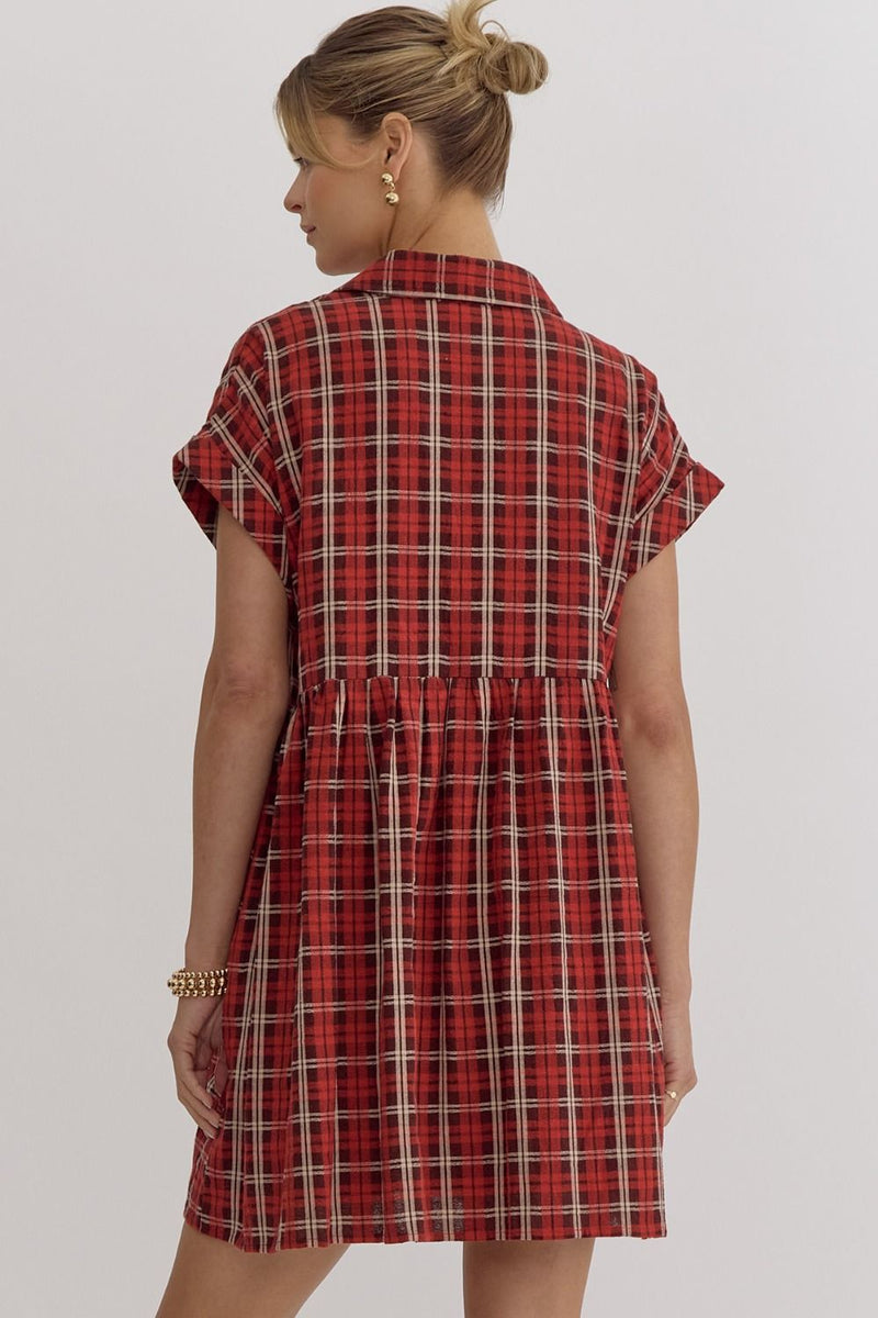 Plaid Button Down Mini Dress - Red