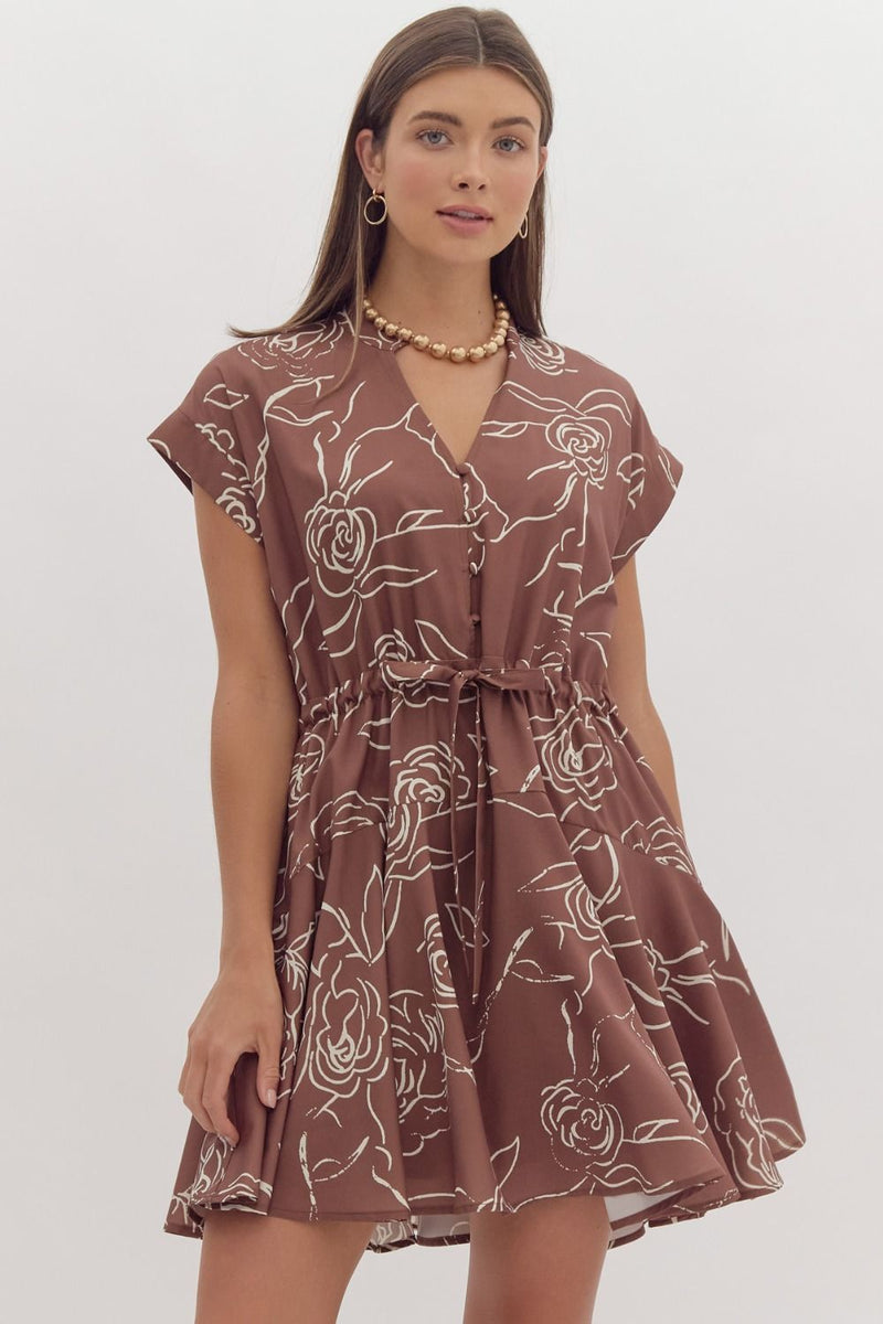 Floral Print Cap Sleeve Mini Dress - Brown