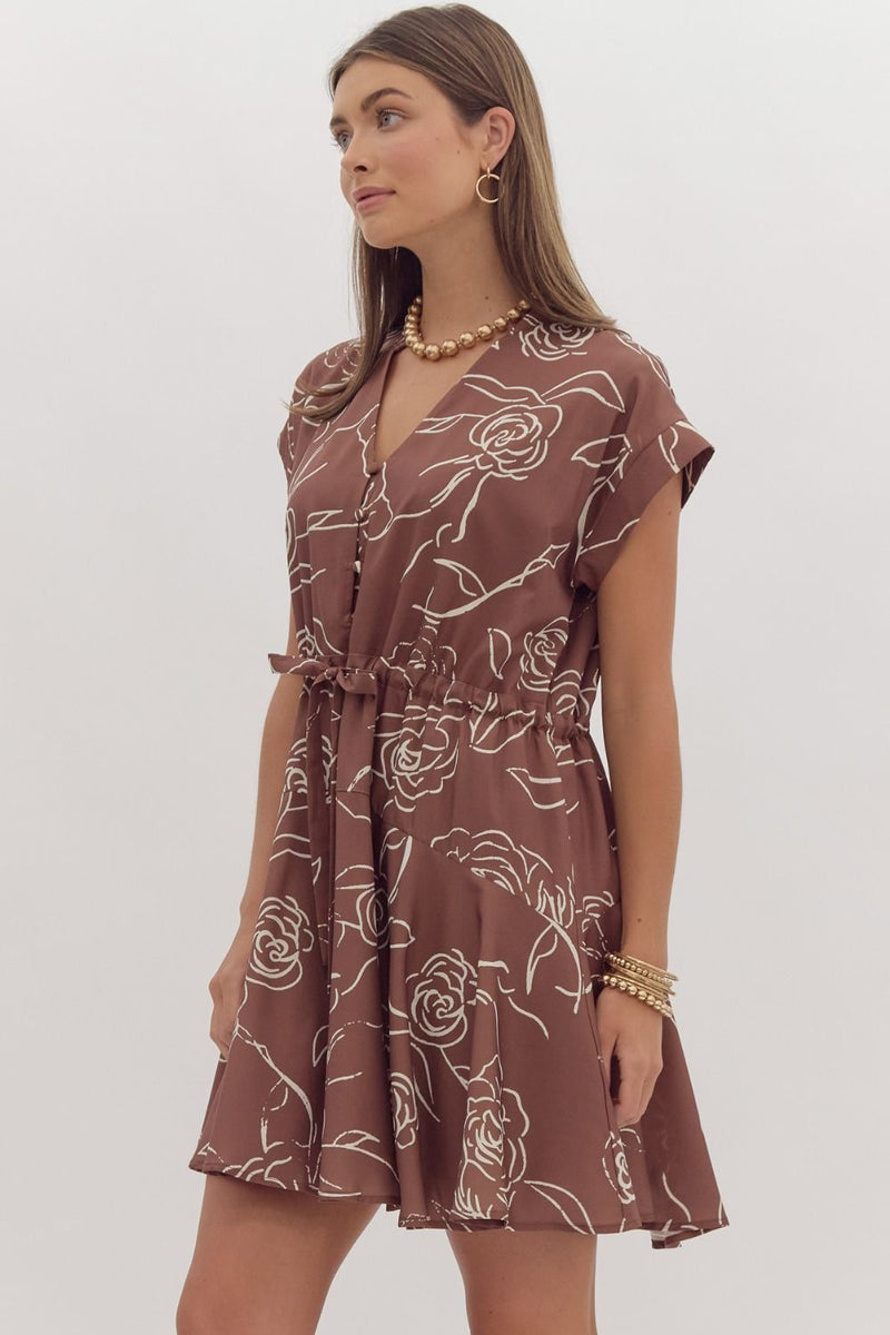 Floral Print Cap Sleeve Mini Dress - Brown