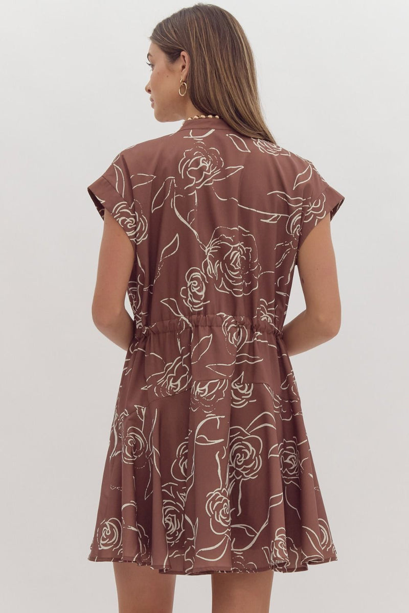 Floral Print Cap Sleeve Mini Dress - Brown