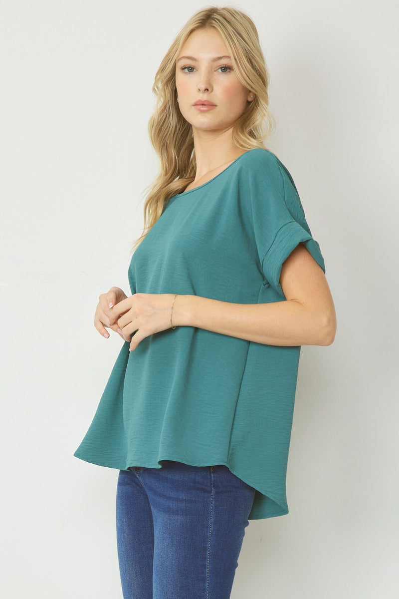 Woven Scoop Neck Top Short Sleeve - Forest - Sizes Small - 2XL Curvy