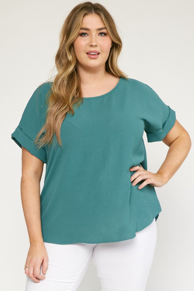 Woven Scoop Neck Top Short Sleeve - Forest - Sizes Small - 2XL Curvy