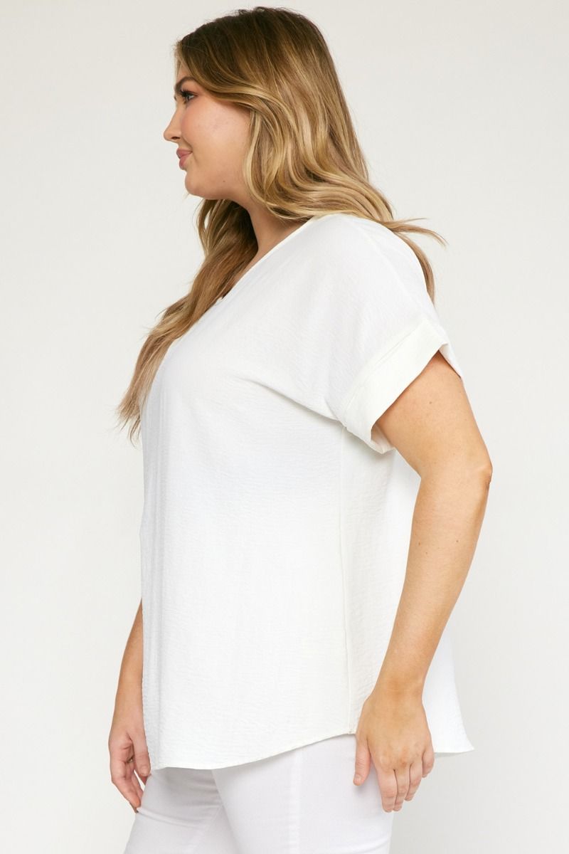 Woven Scoop Neck Top Short Sleeve - Off White - Sizes Small - 2XL Curvy