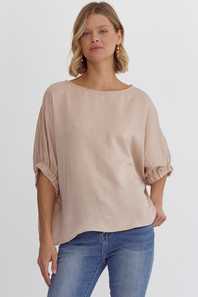 Satin Roundneck Short Sleeve Top Featuring Elasticized Sleeves