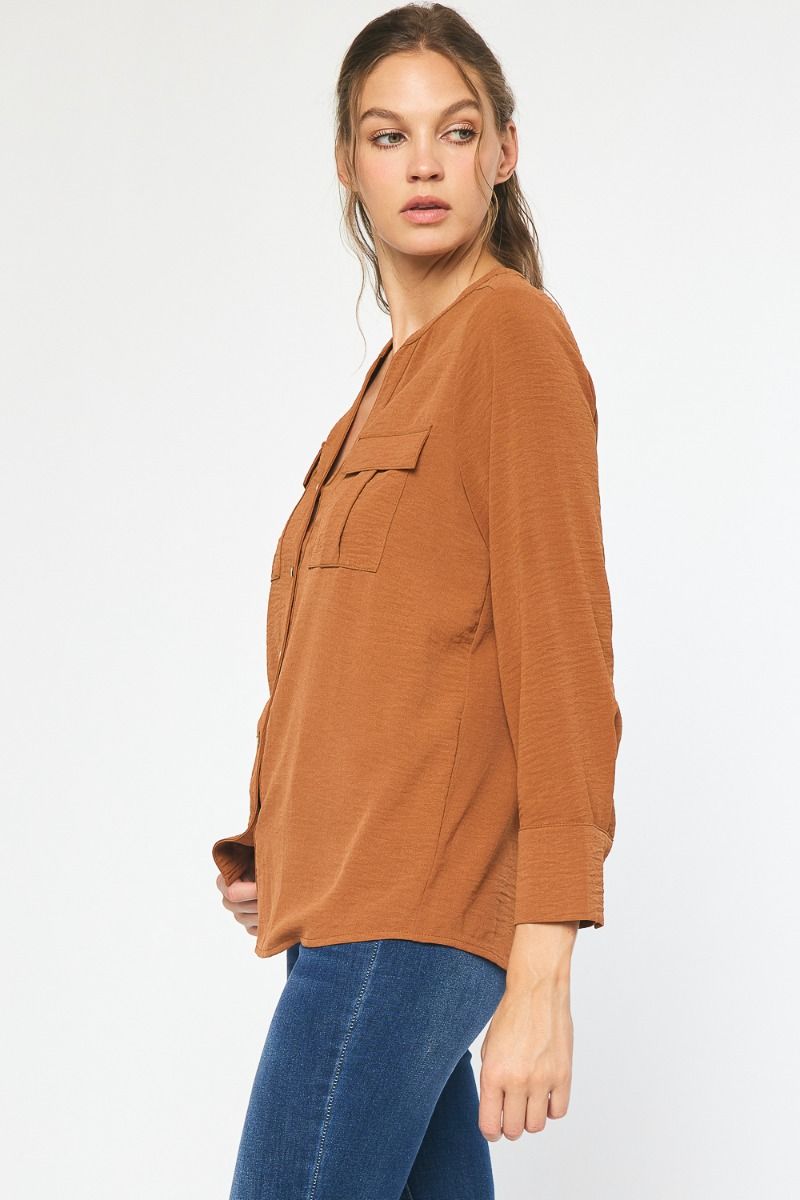 Long Sleeve Button Up Top - Camel