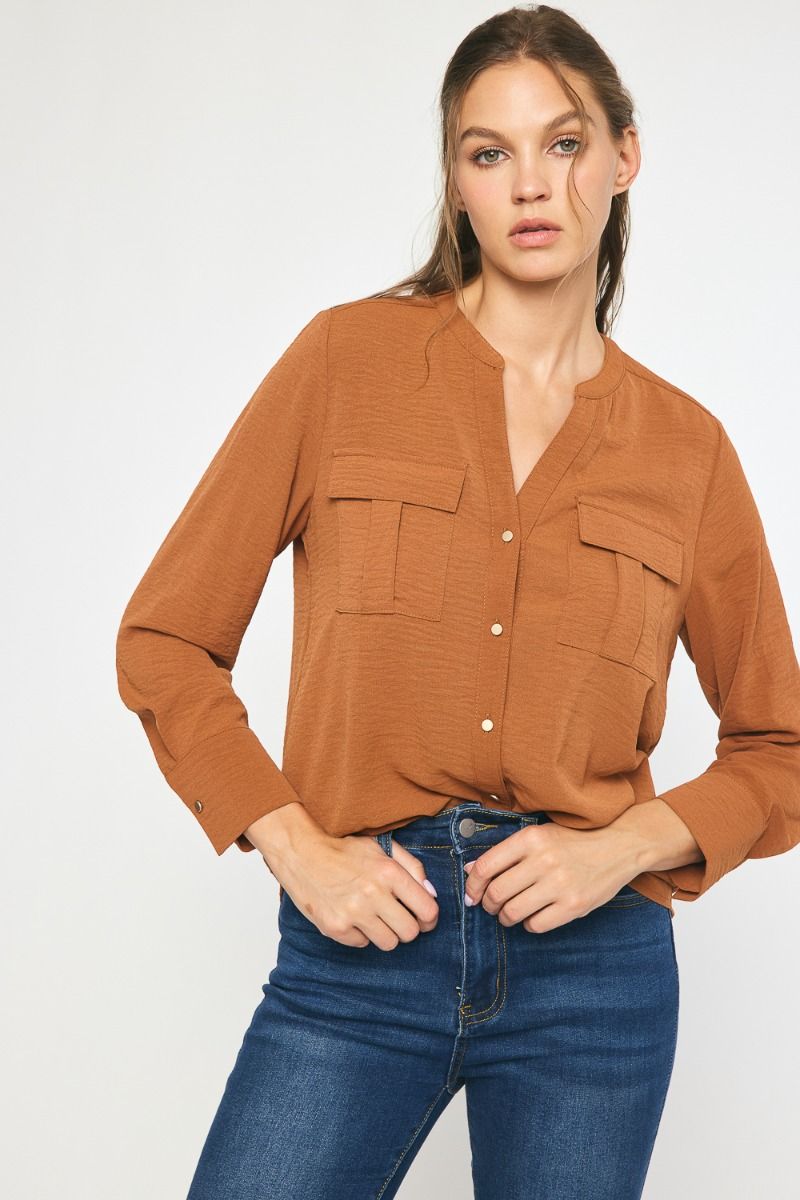 Long Sleeve Button Up Top - Camel