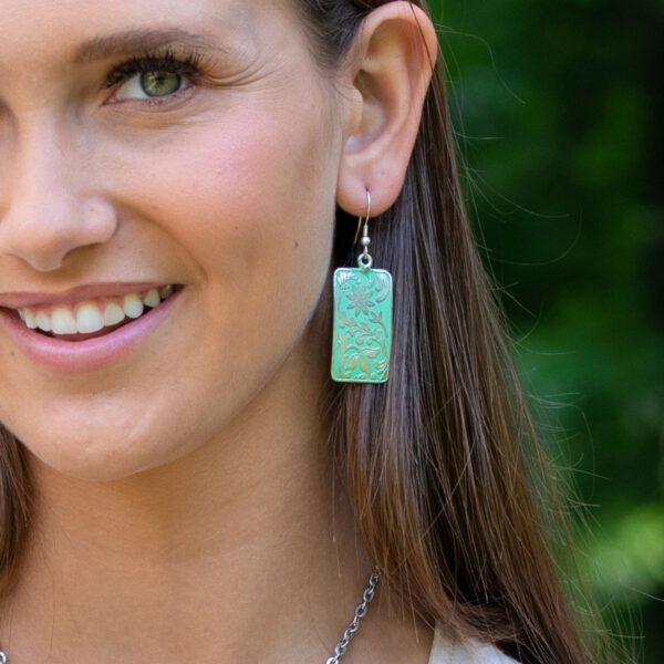 Anju Silver Patina Earrings - Mint Floral Rectangles