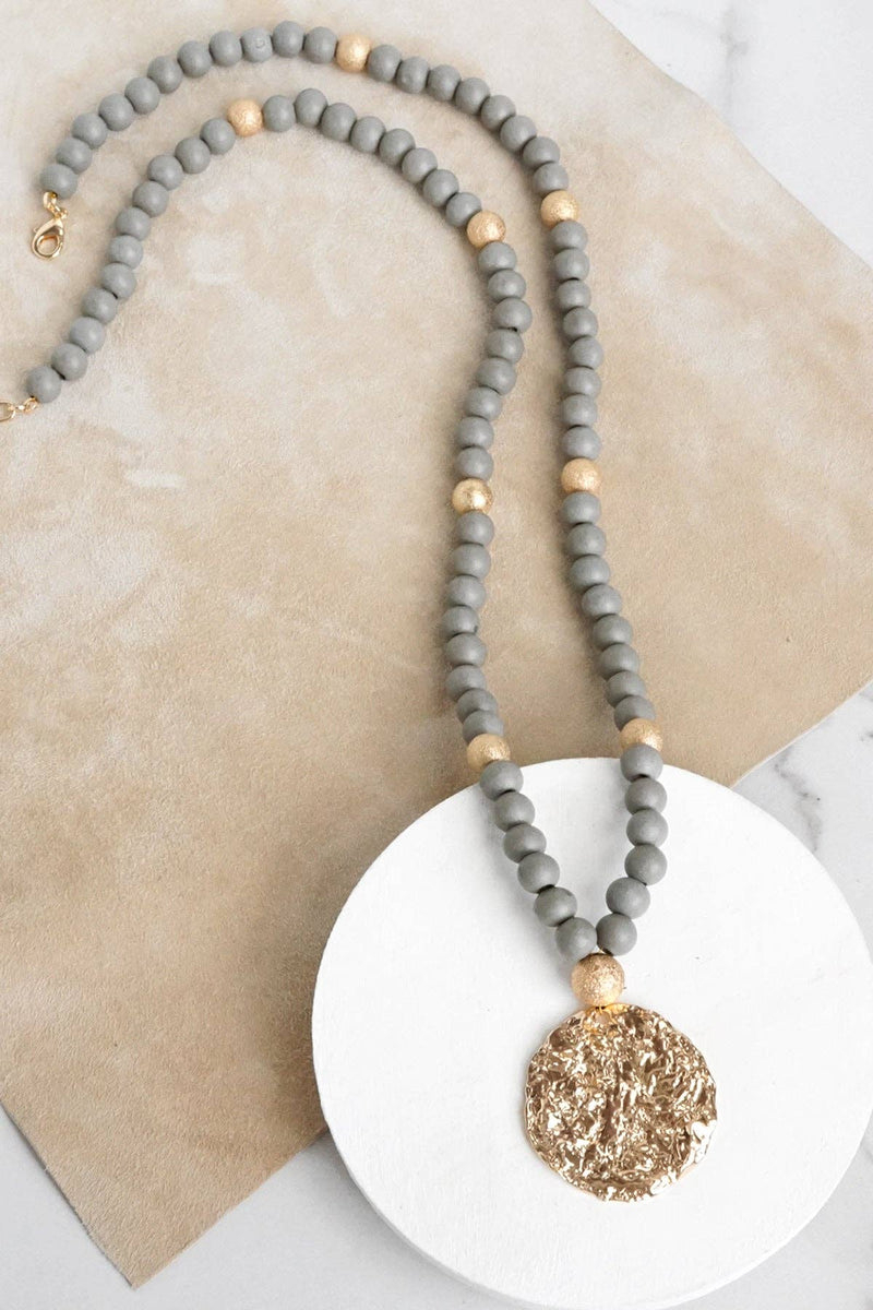 Long Wooden Bead Necklace with gold coin - Grey