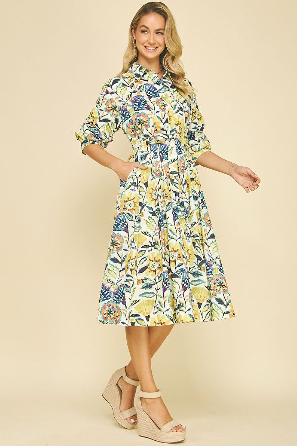 Floral Button Down Midi Dress - Cream Multi