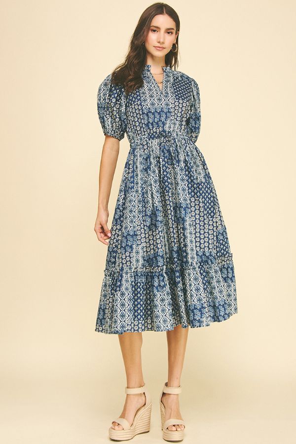 Floral Print Tiered Midi Dress - Navy