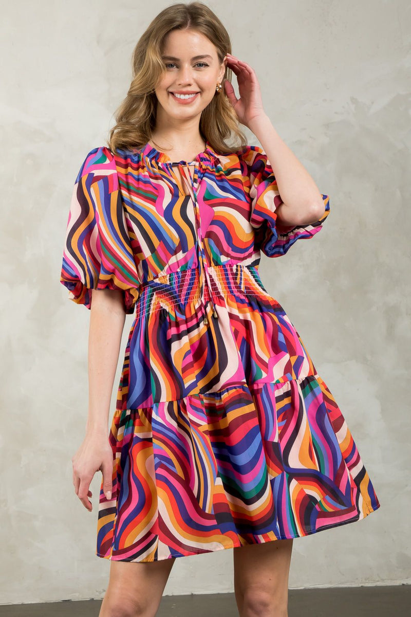 THML Puff Sleeve Multi Color Dress JH2106-1