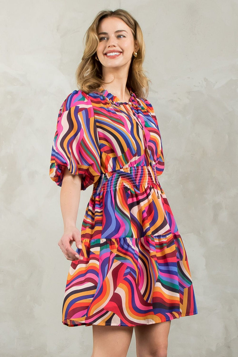 THML Puff Sleeve Multi Color Dress JH2106-1