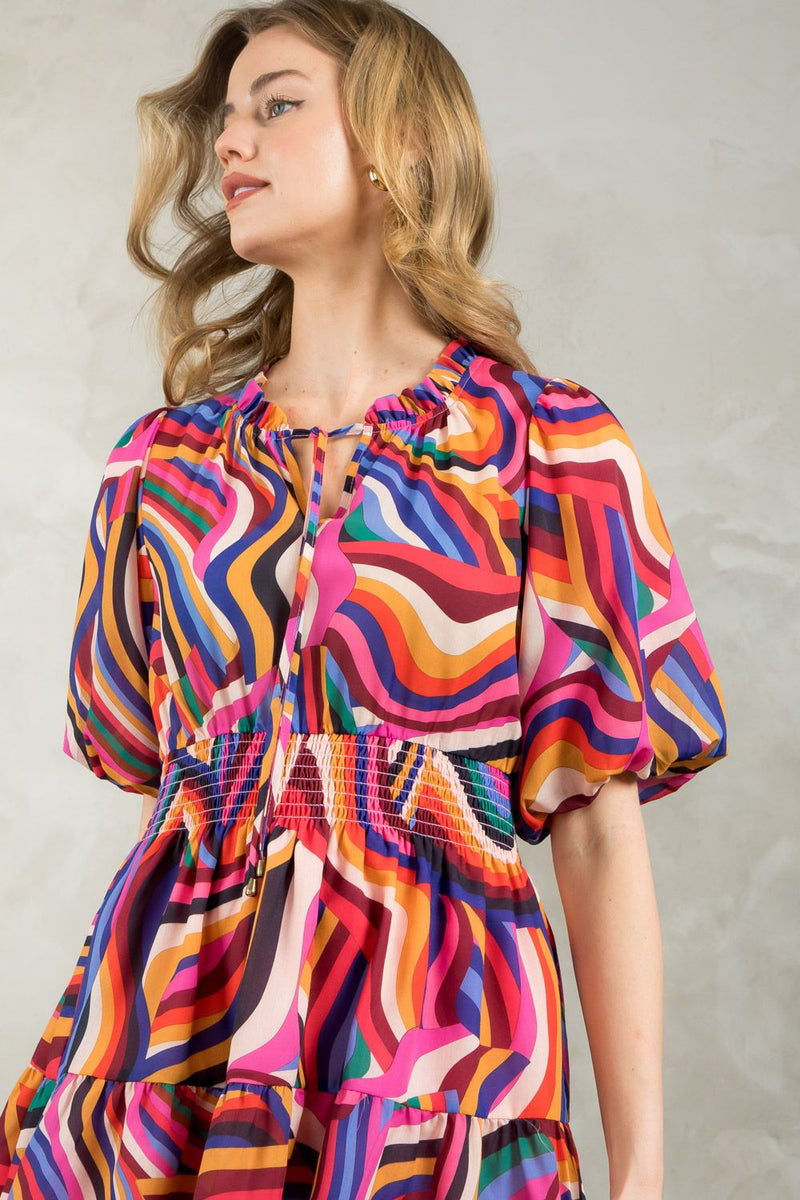 THML Puff Sleeve Multi Color Dress JH2106-1