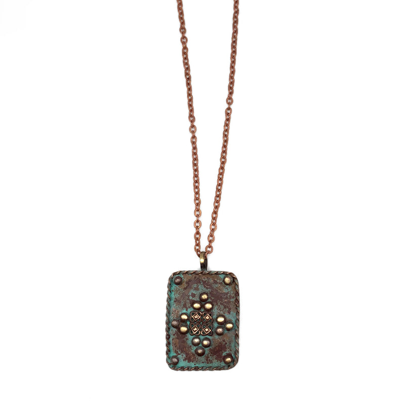 Anju Copper Patina Necklace – Turquoise Rivets Rectangle Pendant