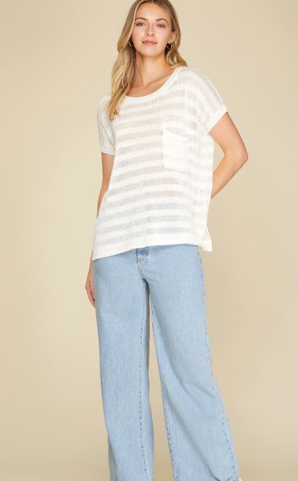 Drop Shoulder Sheer Sweater Top - White - Sizes Small-2XL Curvy