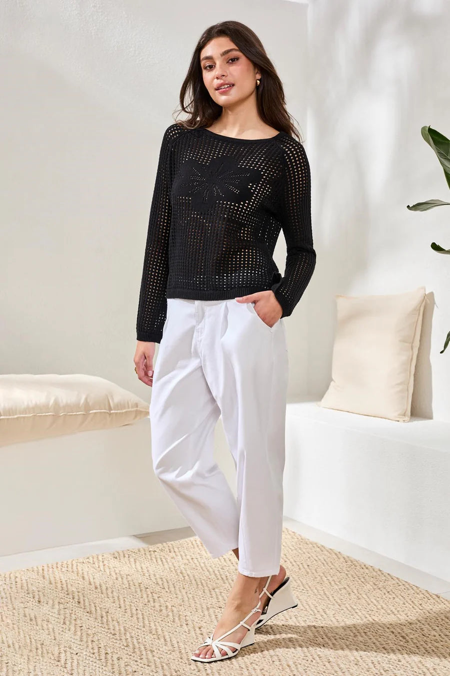 Tribal Crochet Boat Neck Bell Sleeve Sweater Black