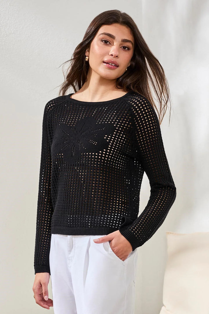 Tribal Crochet Boat Neck Bell Sleeve Sweater Black
