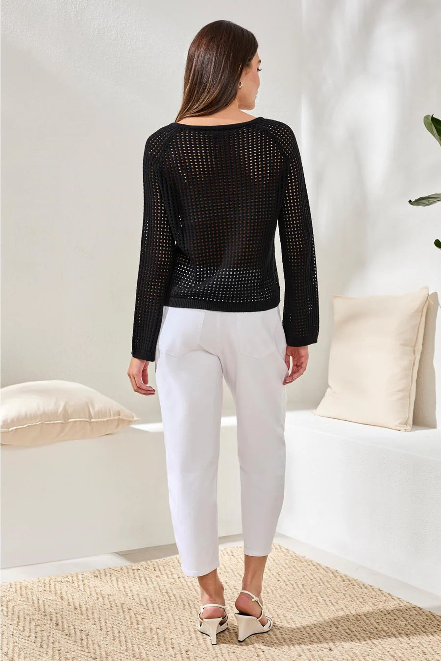Tribal Crochet Boat Neck Bell Sleeve Sweater Black