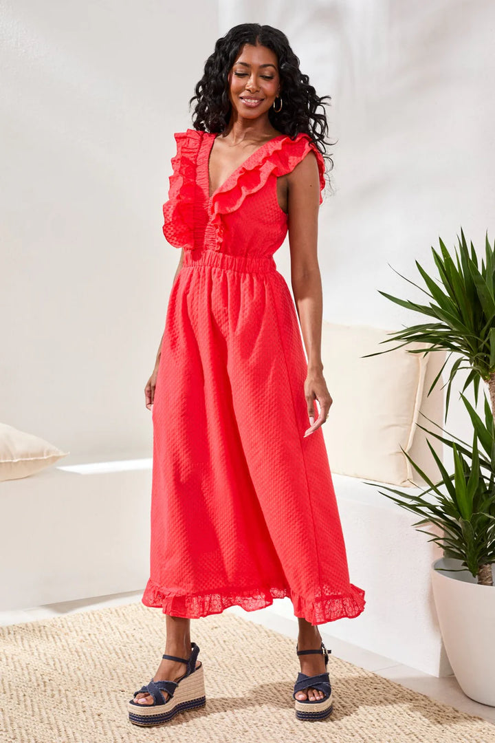 Tribal Embroidered Cotton Maxi Dress With Frills &amp; Cutout Coral Red