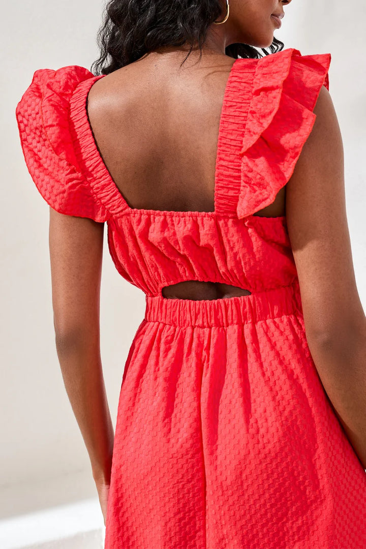 Tribal Embroidered Cotton Maxi Dress With Frills &amp; Cutout Coral Red