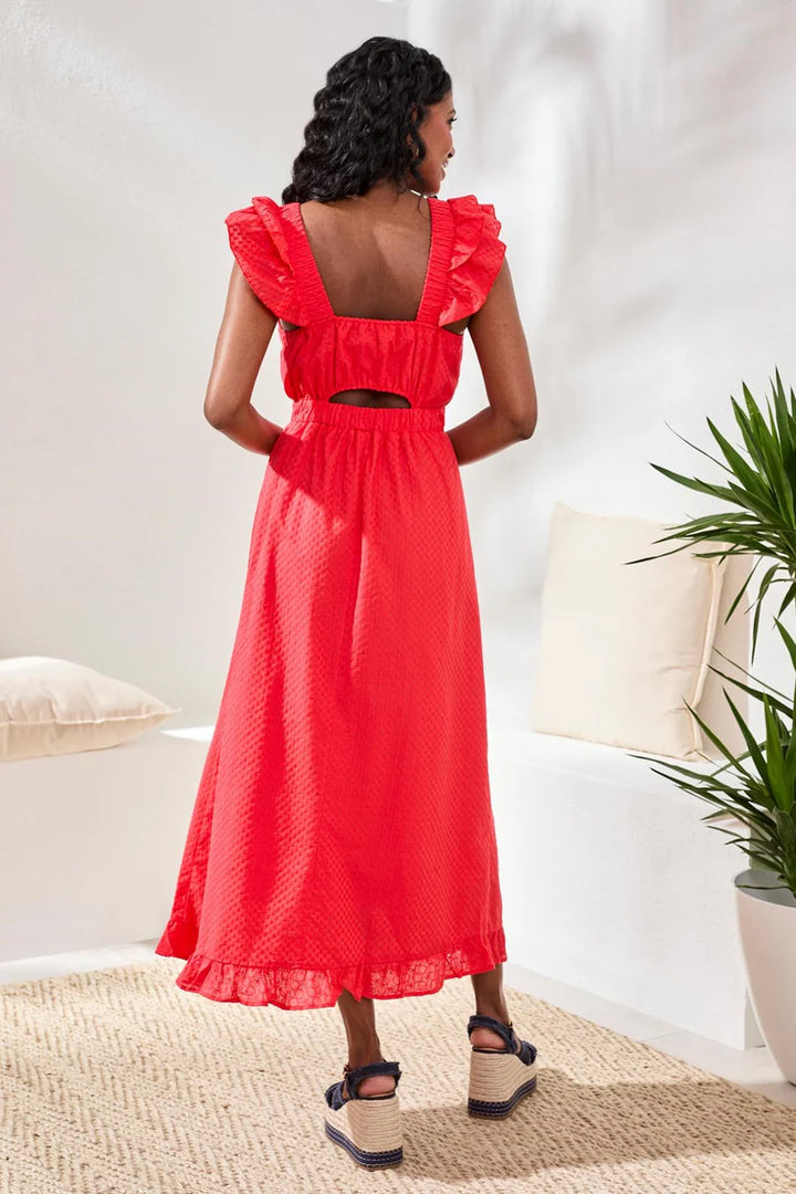 Tribal Embroidered Cotton Maxi Dress With Frills &amp; Cutout Coral Red