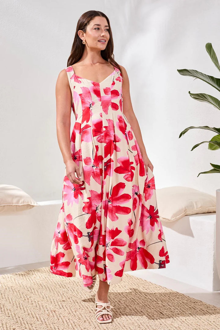 Tribal Watercolor Strappy V-Neck Fitted Body Midi Dress Canvas