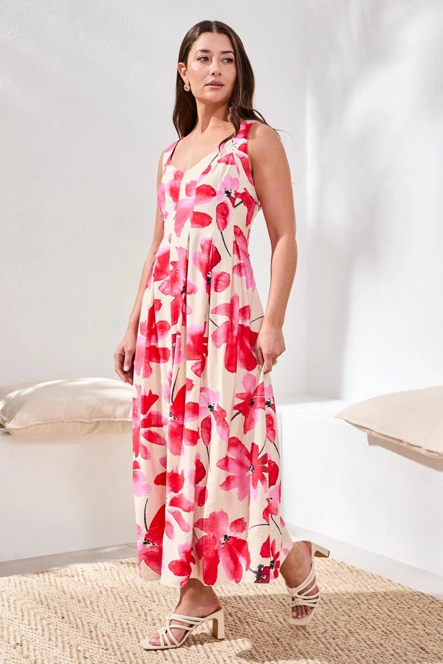 Tribal Watercolor Strappy V-Neck Fitted Body Midi Dress Canvas