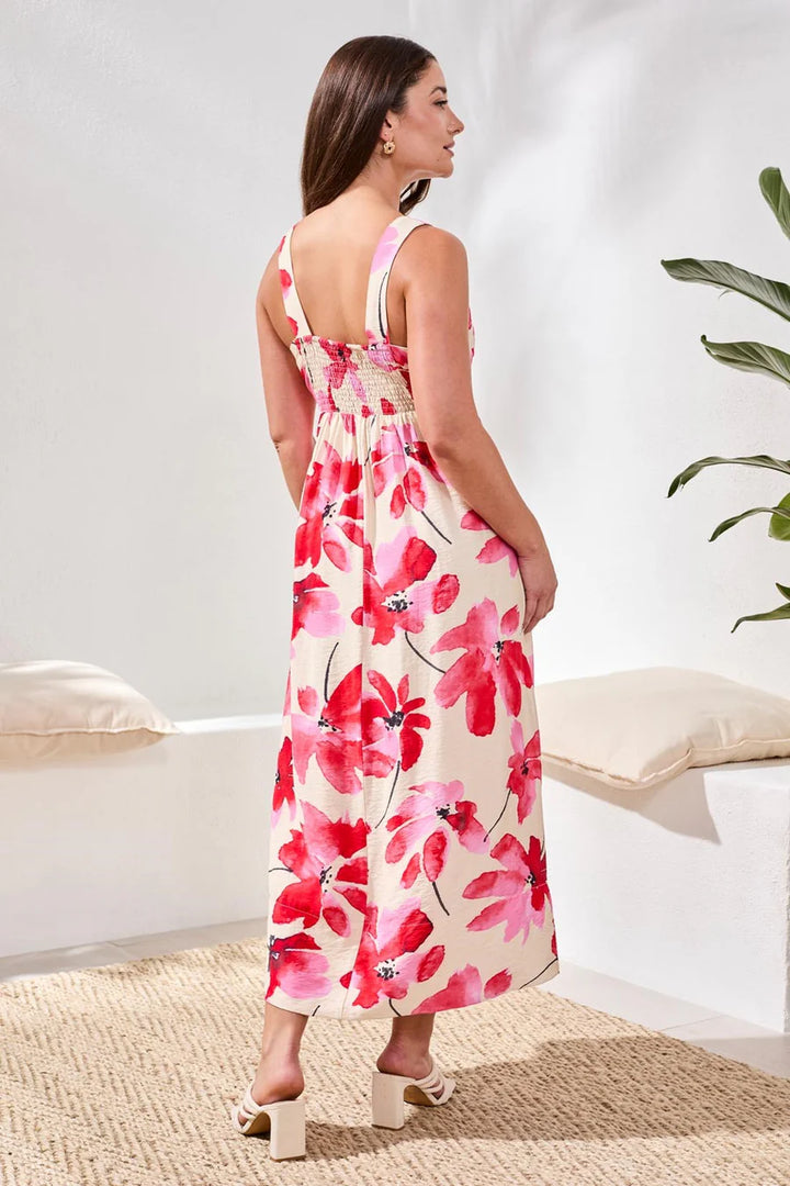 Tribal Watercolor Strappy V-Neck Fitted Body Midi Dress Canvas