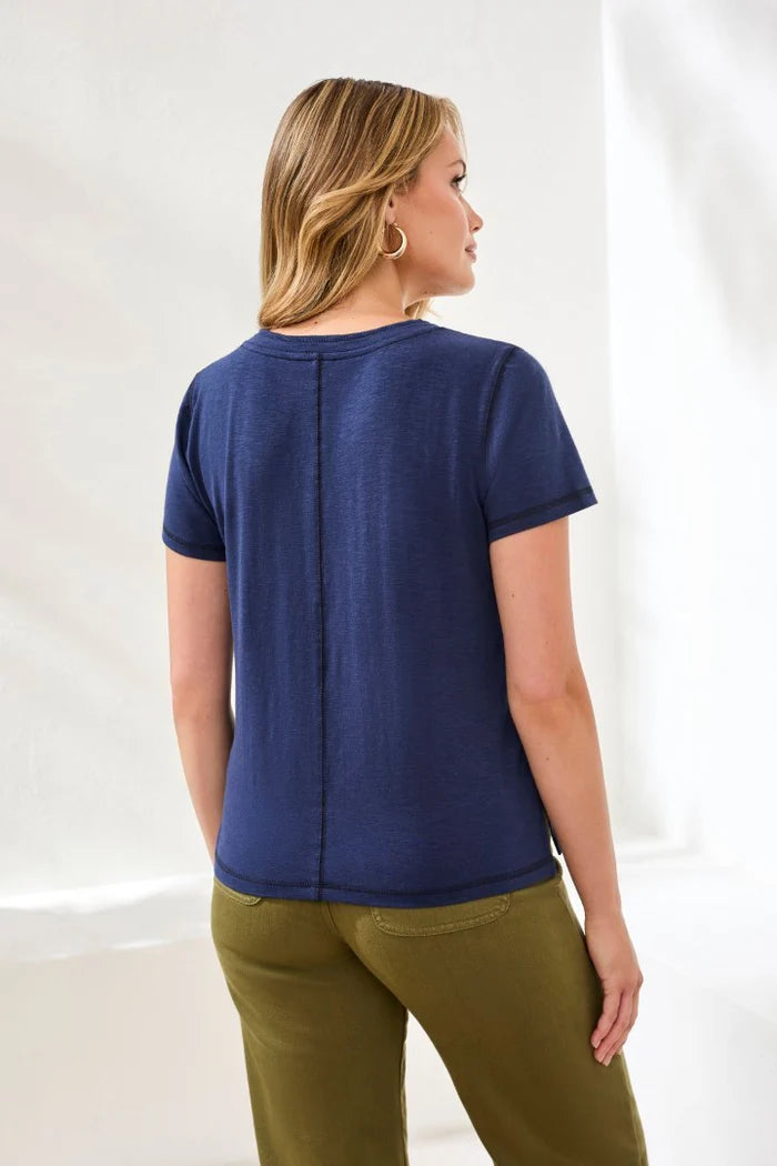 Tribal Slub Knit V-Neck Top With Double Trim Detail Jet Blue